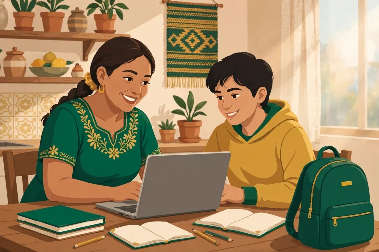 Madre e hijo registrándose en la Beca Rita Cetina 2026 en una laptop