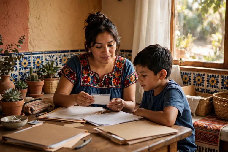 Madre mexicana organizando documentos para el registro de la Beca Rita Cetina 2026