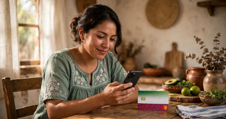 Madre mexicana revisando su celular para consultar el depósito de la beca en su tarjeta del Banco del Bienestar