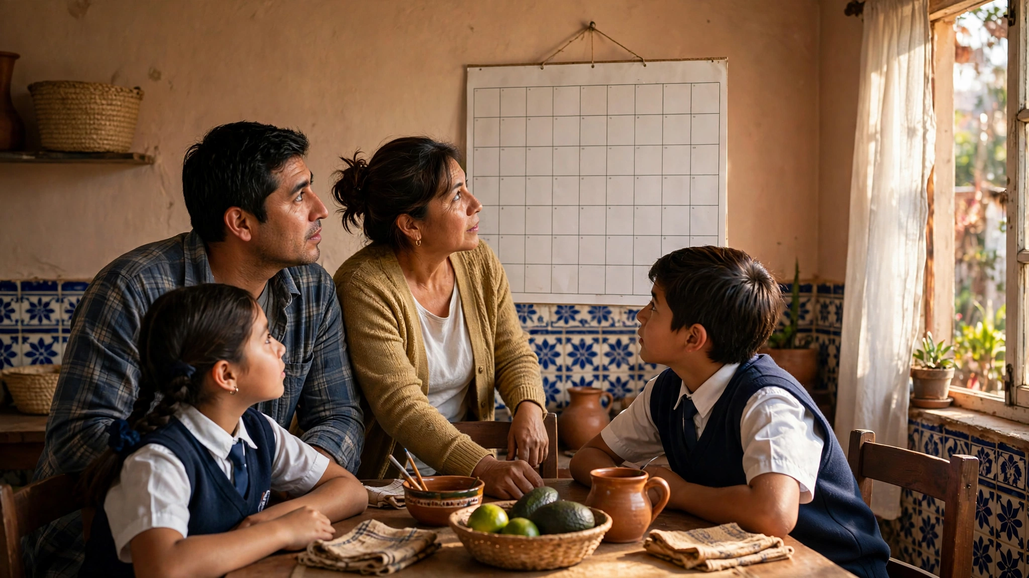 Familia mexicana con dos hijos en uniforme mirando un calendario de pared en su hogar