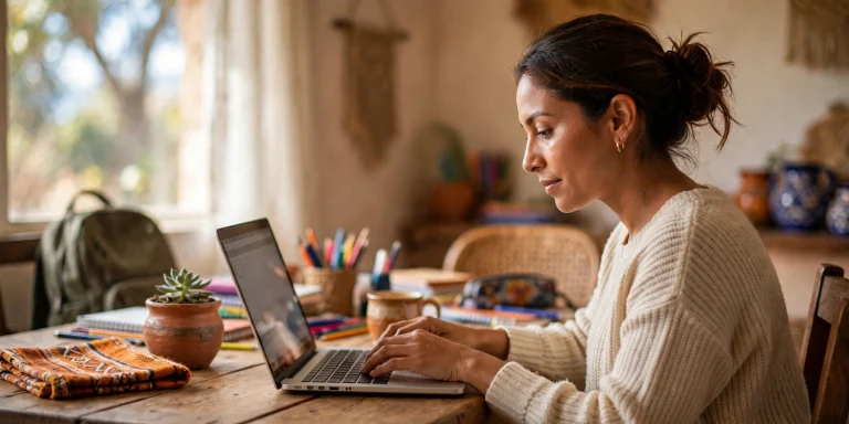 Madre mexicana creando su cuenta Llave MX en una laptop en casa para solicitar la beca
