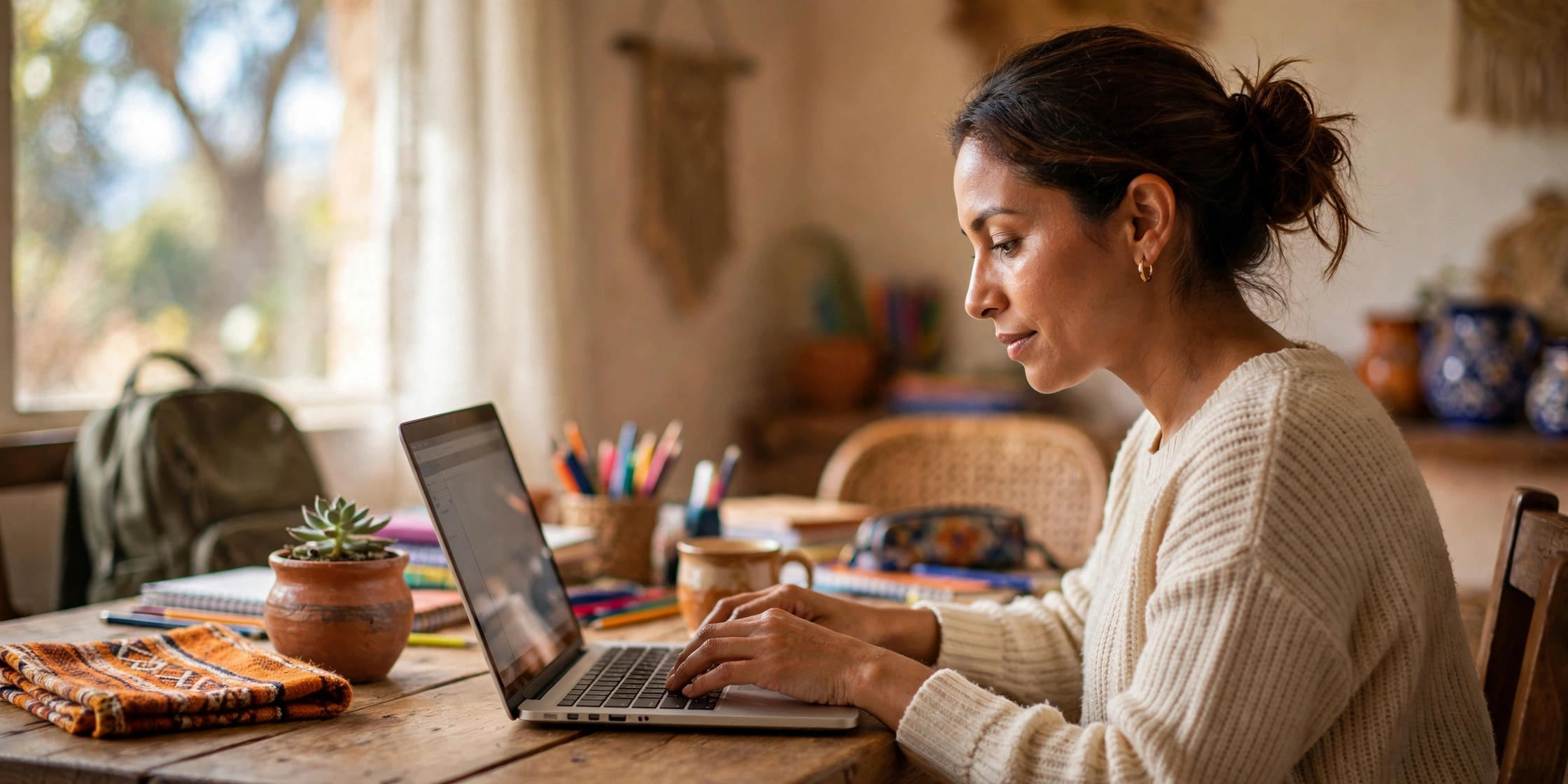 Madre mexicana creando su cuenta Llave MX en una laptop en casa para solicitar la beca