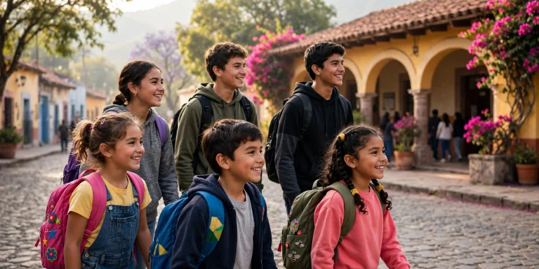 Estudiantes mexicanos de primaria y secundaria con mochilas camino a la escuela