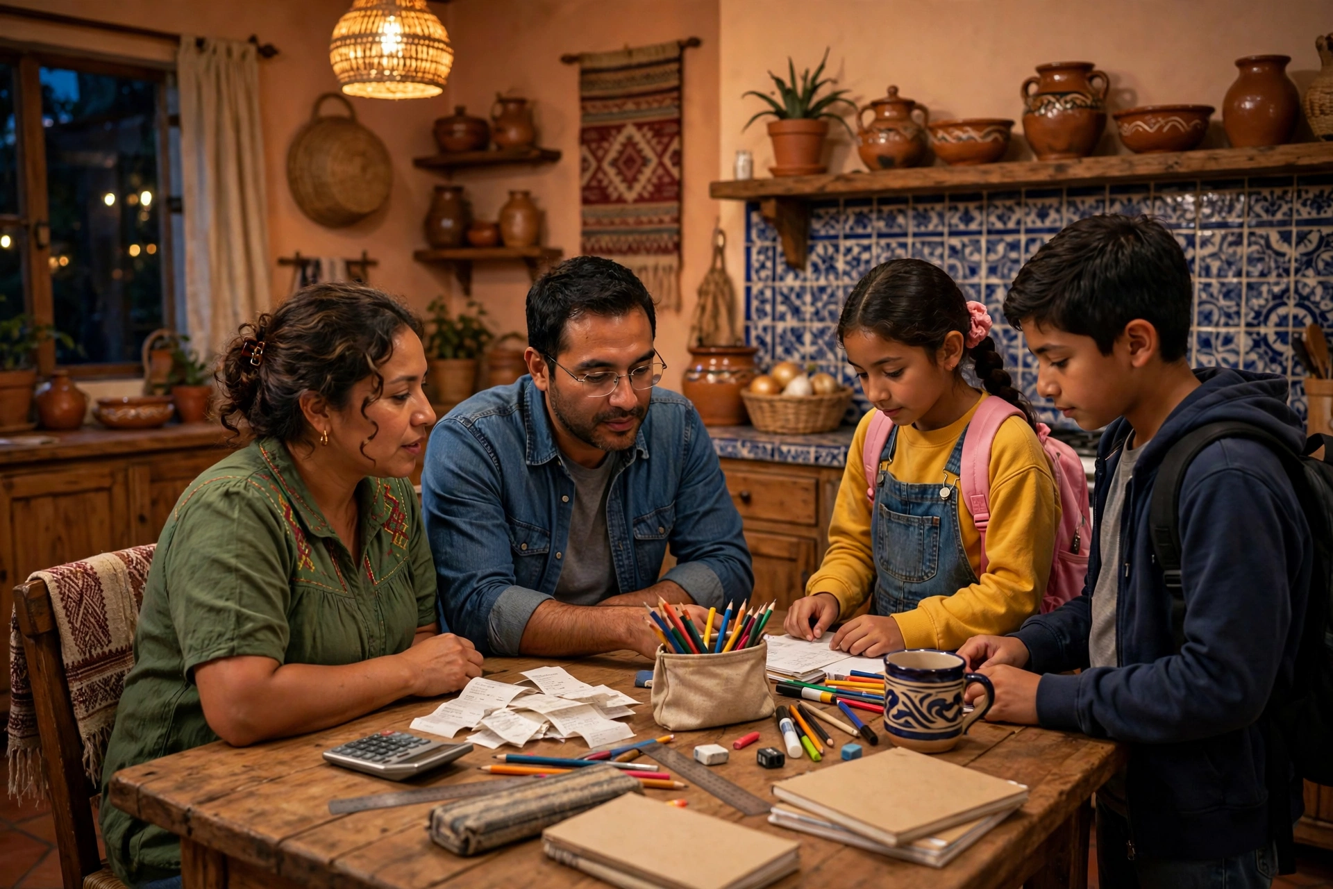 Familia mexicana revisando en casa los gastos escolares de útiles y uniformes
