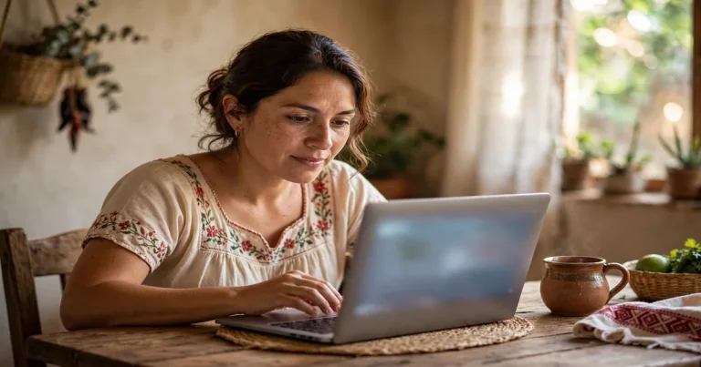 Madre mexicana revisando el estatus de su solicitud de beca en una laptop en casa