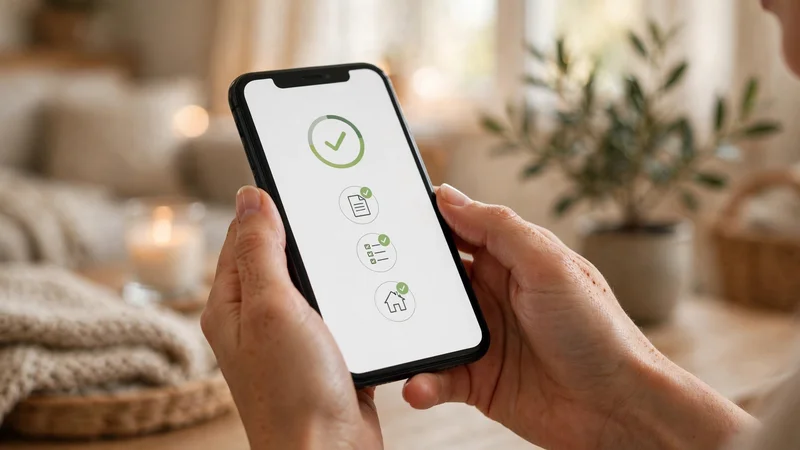 Manos sosteniendo un teléfono celular consultando el estatus de la solicitud en línea