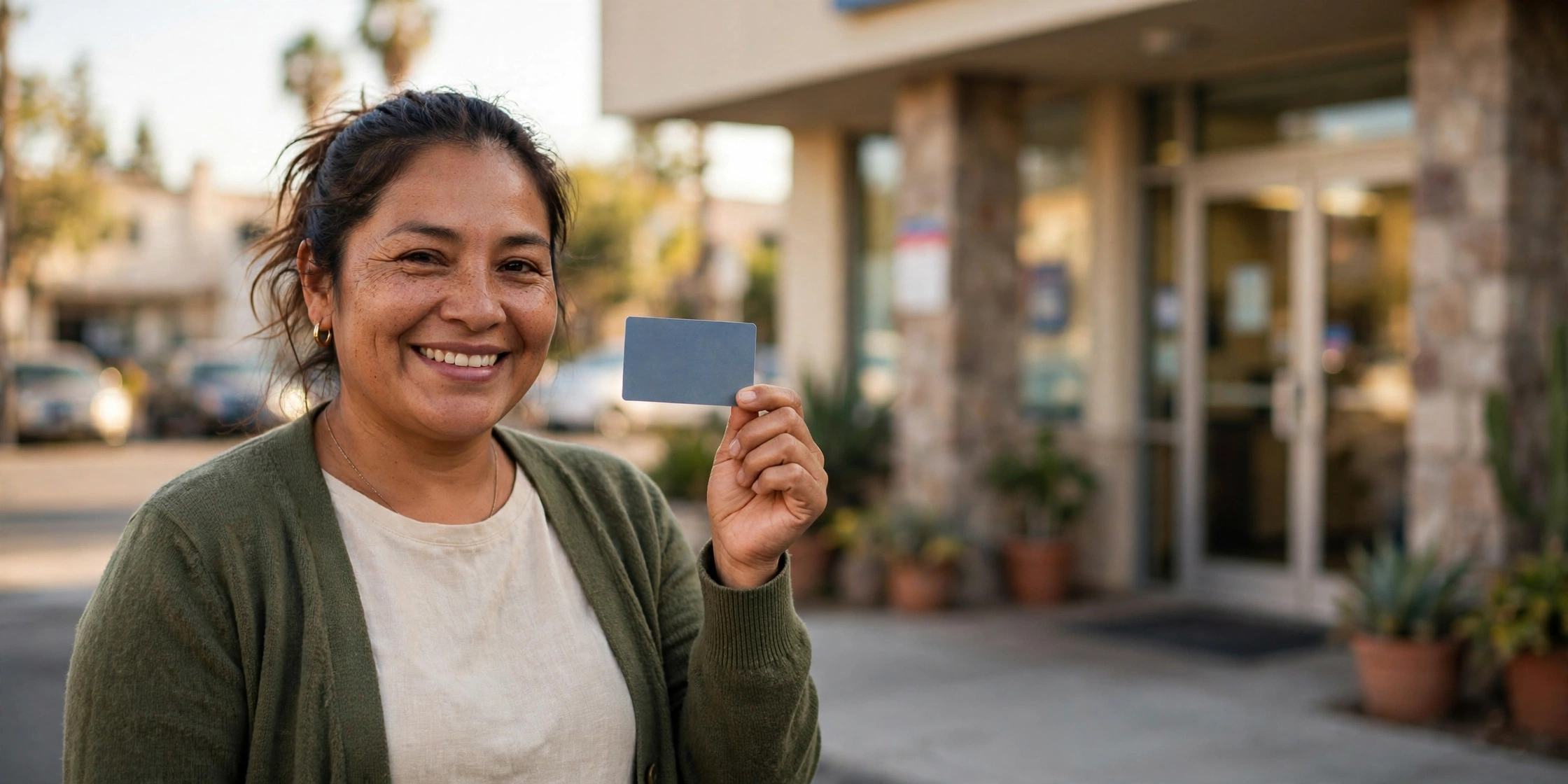 Madre mexicana sosteniendo una tarjeta bancaria frente a una sucursal de banco en México