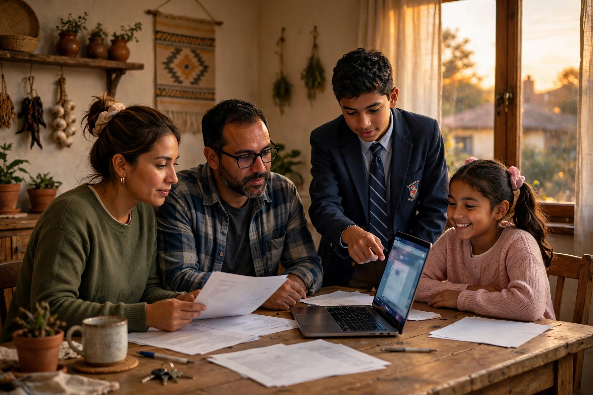 Familia mexicana revisando juntos los documentos escolares en la mesa de su hogar
