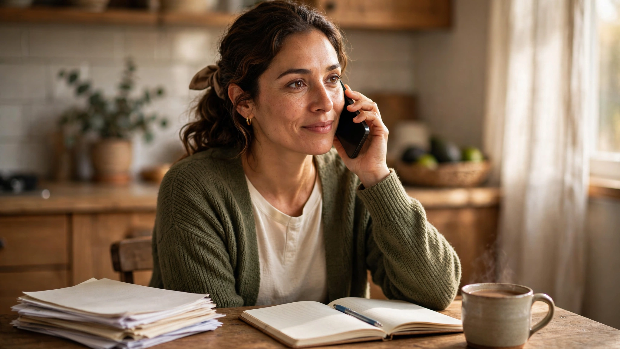 Madre de familia hablando por teléfono para resolver dudas del registro